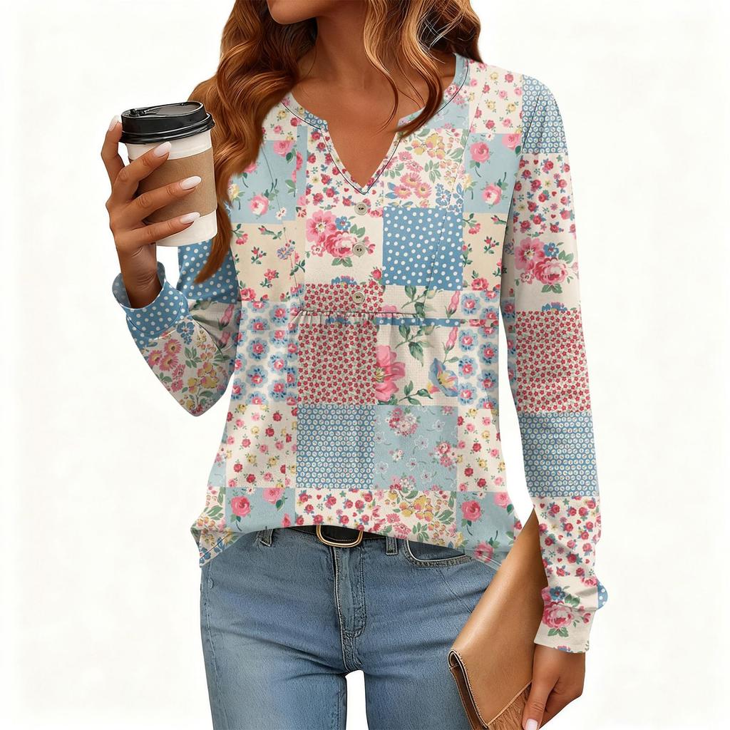 Tricou Pulover de Damă, Croială Relaxată, Gât în V, Culoare Vintage, Blocuri de Culoare cu Imprimeu Floral, Mânecă Lungă