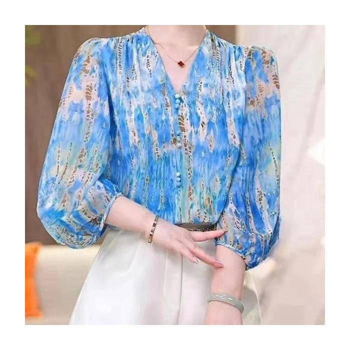

Summer Women s V-neck Chiffon Shirt Printed Shirt Top Small Shirt Loose Seven Quarter Sleeved Shirt M синий