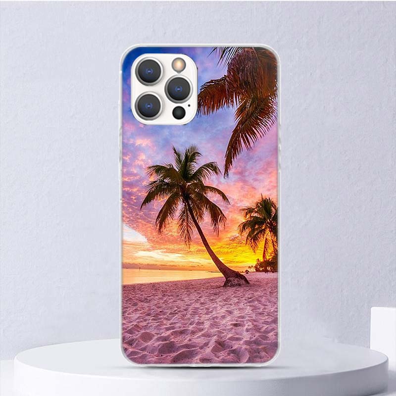 Sommer Strand Sonnenuntergang Meer Palme Weiche Hülle Für iPhone 16 17 Air 16E 15 Plus 11 12 13 Mini 14 Pro Max Handyhülle Apple 7 8 SE C