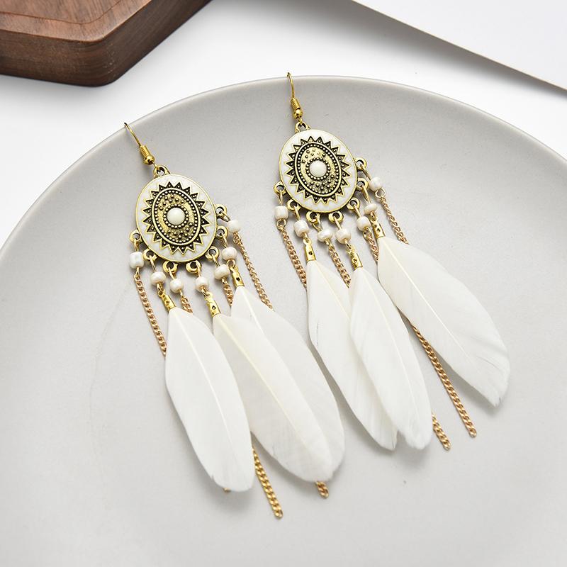Ethnische Vintage Lange Temperament Federohrringe für Damen Elegante Geometrische Perlenkette Quaste Ohrring Boho Damen Schmuck