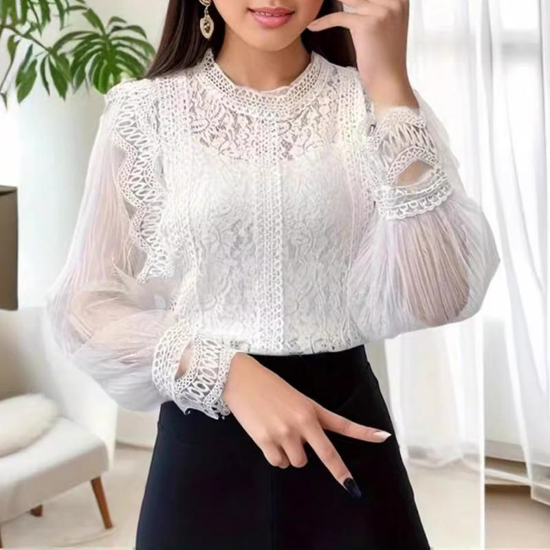 New Elegant Mesh Long Sleeve Lace Blouse Women Solid Color Round Neck Top Women's Loose Shirt Casual Sweet Office Spring Autumn Hollow Out Clothing
