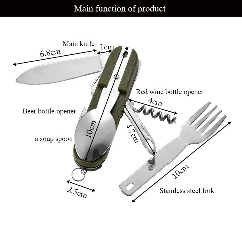Outdoor Camping Portable Tableware Set Foldable Stainless Steel Knife Fork Spoon Bottle Opener Multifunctional Wilderness