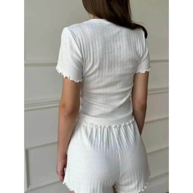 2025 Europäisches & Amerikanisches Mode Schlankmachendes Jacquard Rüschenbesatz Zweiteiliges Freizeit-Set mit Rundhals Kurzarm-Oberteil & Shorts