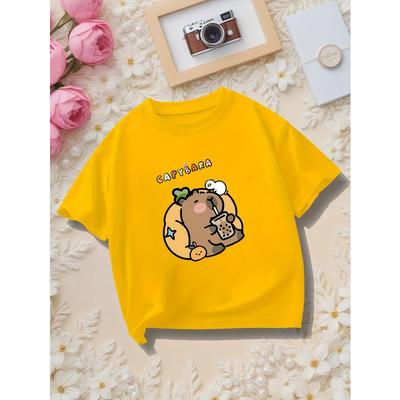Europäische Größen Süßes Capybara Cartoon-Print T-Shirt - , Rundhals, Lässiger & Sportlicher Stil für Jungen und Mädchen, Frühjahrs-/Sommerkollektion,