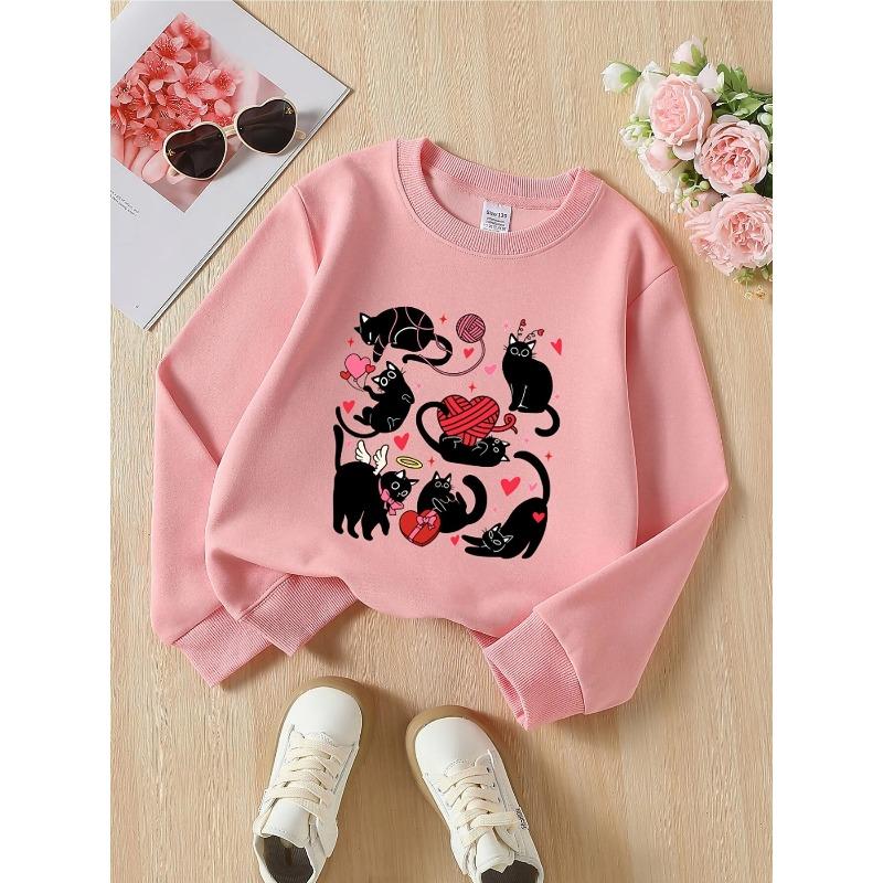 European sizes Kids' Crewneck Sweatshirt-Black Cats Hearts Yarn Love Fun Pattern,Sportswear And Casual Wear, Soft And Comfortable, Children's Clothing