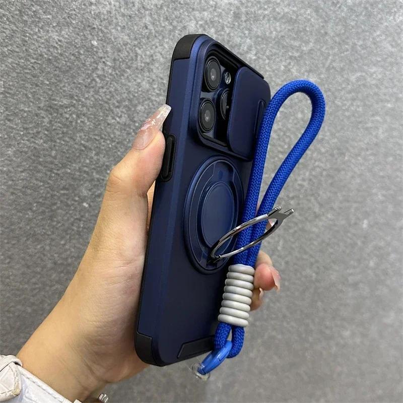 Armor Magnetic Ring Stand Holder Slide Window with Wrist Strap Phone Case for iPhone 16 15 13 12 11 14 Pro Max Plus Bumper Cover