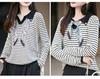 Women's French Polo Collar Knit Shirt with Scarf, Color Block Long Sleeve Autumn Sweater