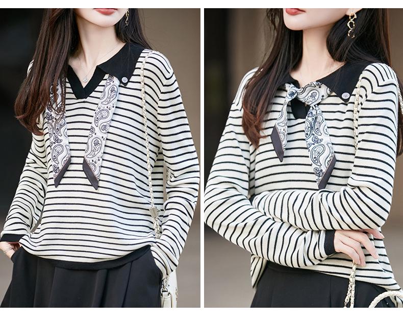 Women's French Polo Collar Knit Shirt with Scarf, Color Block Long Sleeve Autumn Sweater
