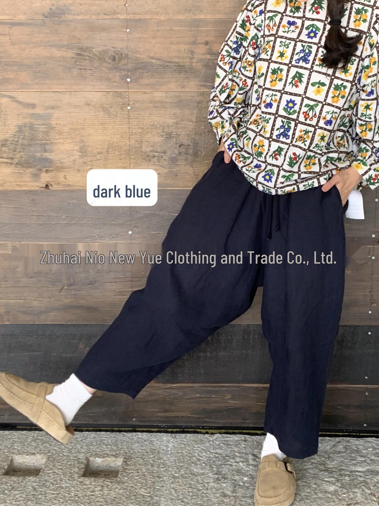 

26-Year Early Spring Lightweight Hemp Drawstring Carrot Pants for Women - A Touch of Blue Large