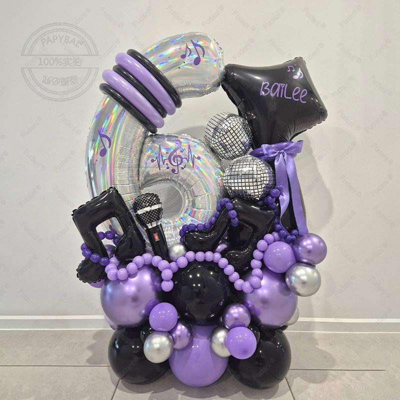 46Pcs Black Purple Music Note Theme Digital Balloon Girl Birthday Party Balloon Set Baby Shower Globos Photography Props