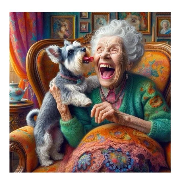 DIY Diamantmalerei Neu 2024 Glückliche alte Dame und Hund Volldiamant Mosaik Stickerei Kunst Stich Wohndekoration Bastelset Geschenk