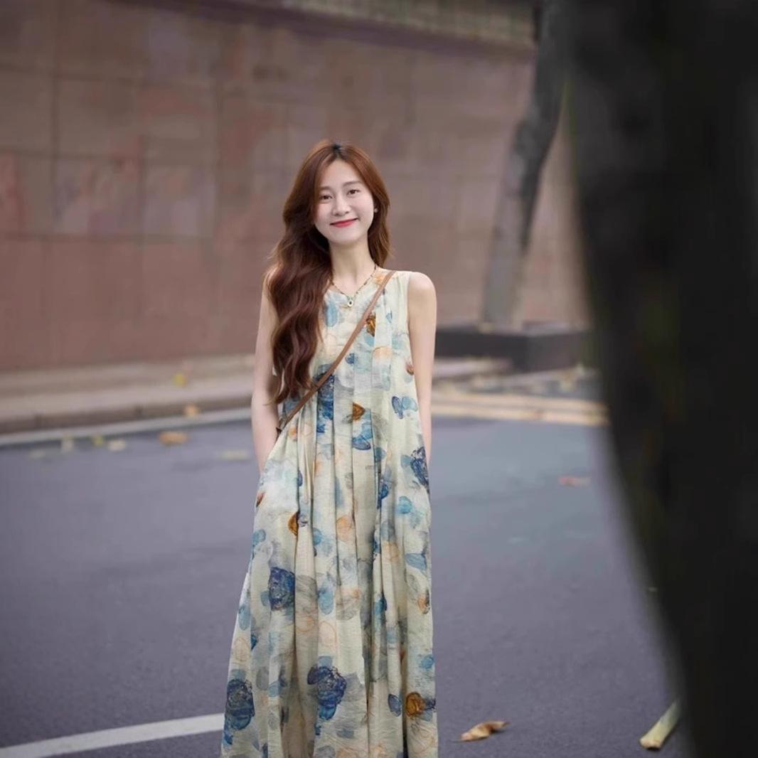 Platycodon French oil painting print dress women s summer new beautiful temperament super good-looking sleeveless vest skirt S