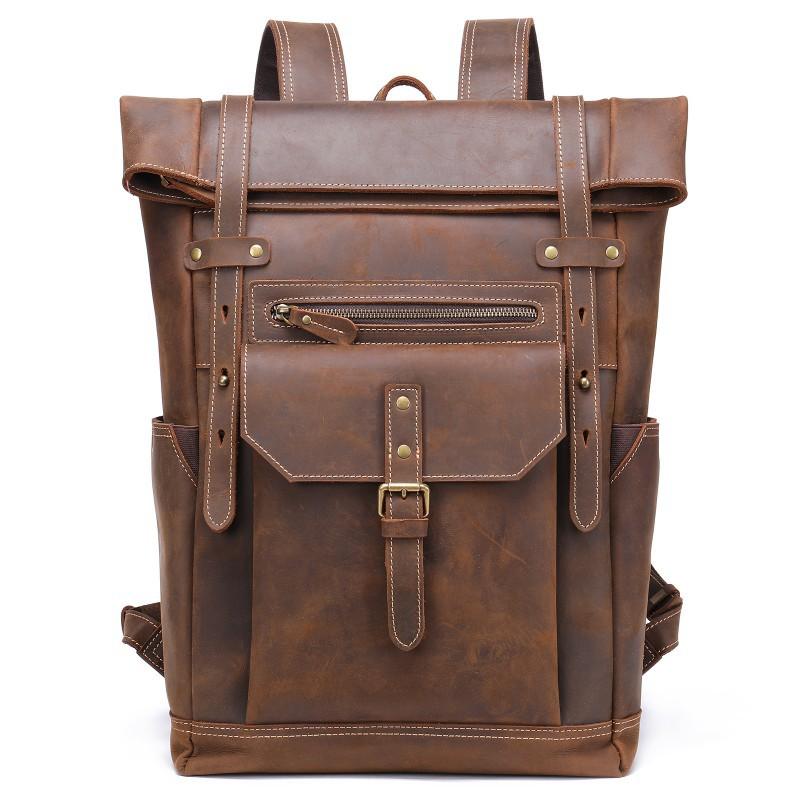 Real Cowhide Men s Crazy Horse Leather Backpack Retro Casual Large Capacity Business Computer