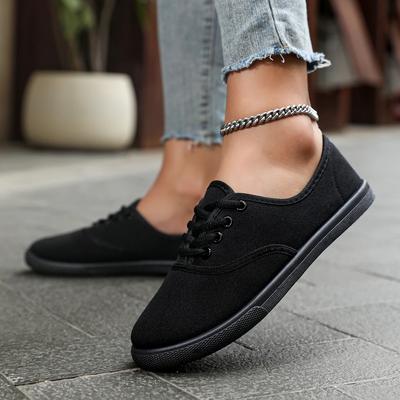 Men'S And Women'S Solid Color Canvas Sports Shoes, Simple Style Lace Up Flat Shoes, Casual And Lightweight Student Shoes
