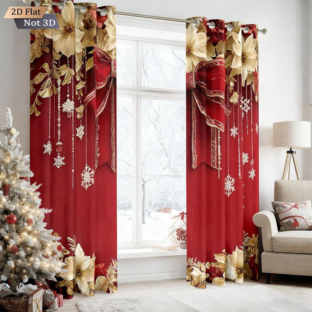 2pcs Christmas ball bow red printed blackout curtains multiple size living room insulation holiday decoration   machine washable