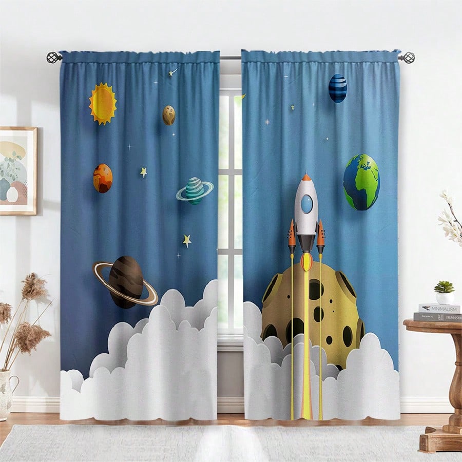 

2 шт. штор с принтом мультяшного узора ракеты и галактики в космосе, непористые шторы, для спальни, офиса, 53x116cm 2pc&Without mount