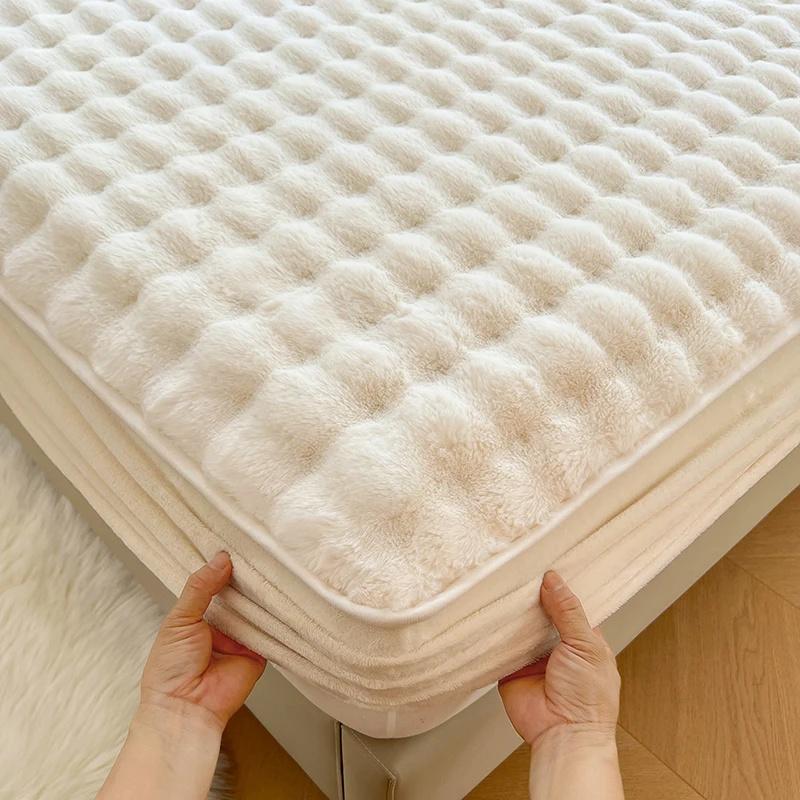 Soft Warm Plush Fitted Sheet Elastic Mattress Cover A-class Rabbit Plush Mattress Protective Cover Winter Double Bed Bedding