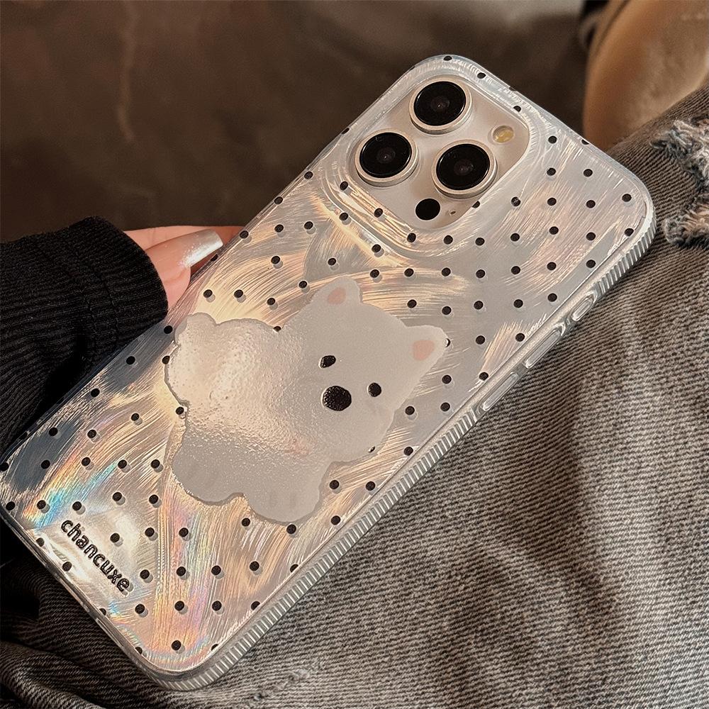 Silver Polka Dot Phone Case with Cute Dog Stand