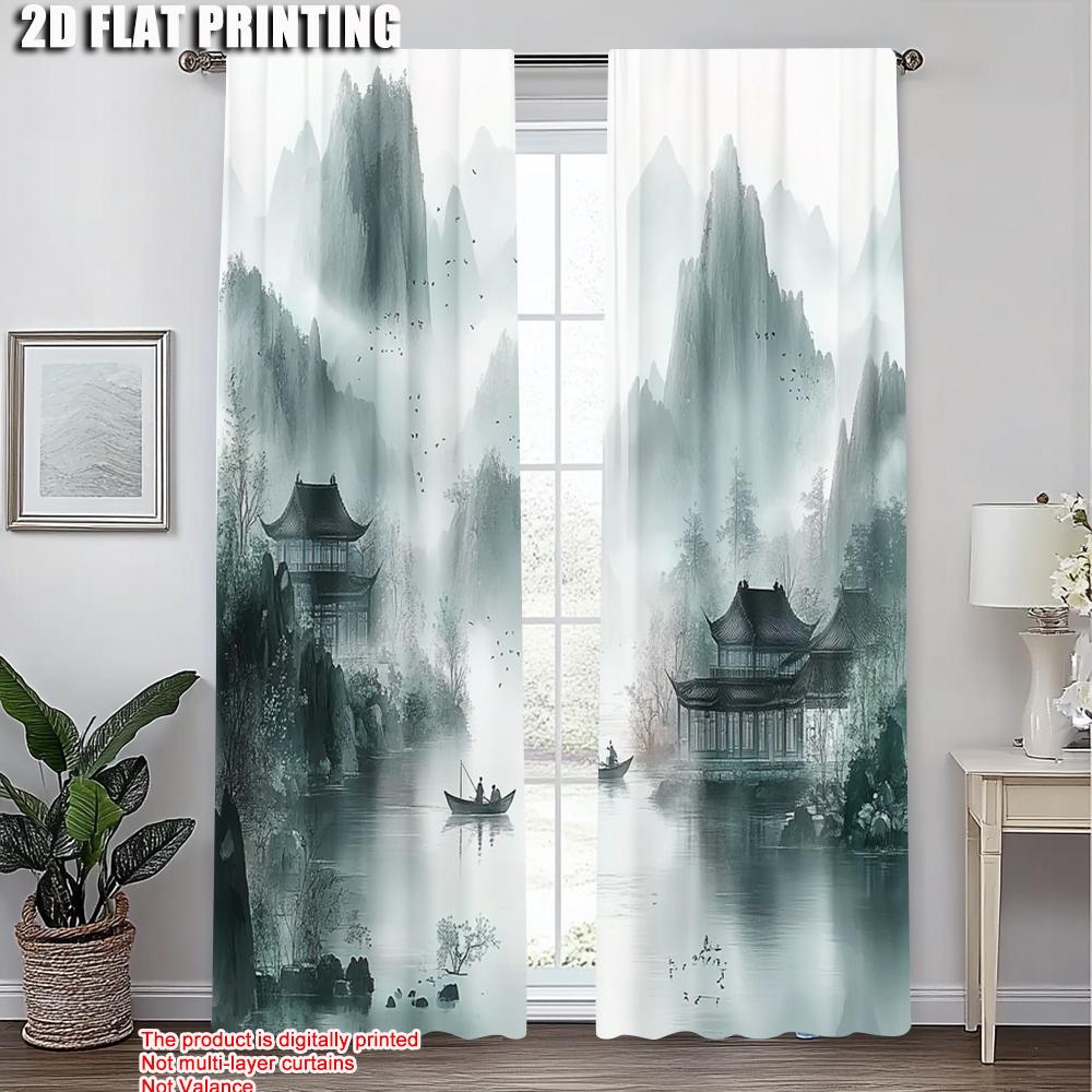 2pcs, Pattern Curtains 2D print Chinese Ink Landscape 100% Polyester (without rod) Home Decor Use for Living Room, Semi-Sheer