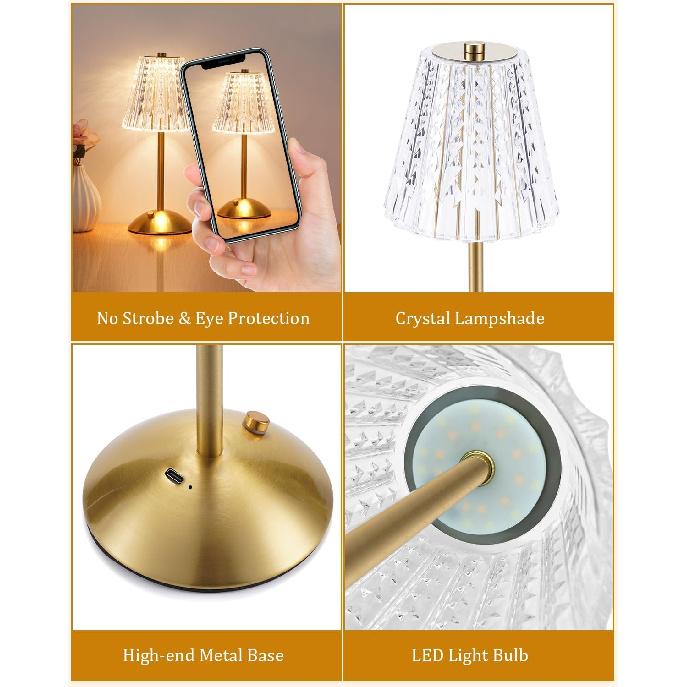 Kabellose Touch-Tischlampe, Klassische Edition Wiederaufladbare Kleine Schreibtischlampe | 3 Farben Dimmbar Goldene Kristalllampe für Schlafzimmer, Restaurant, Küche & Zuhause