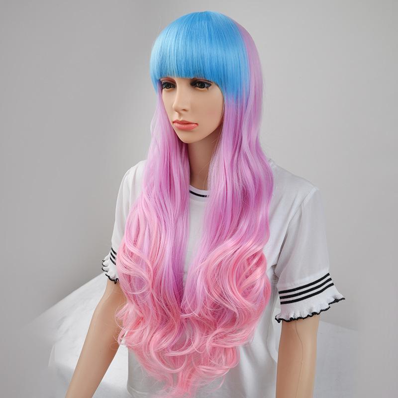 Qi Bangs Long Curly Hair Anime Wig Sky Blue Bangs Light Purple Gradual Change Powder