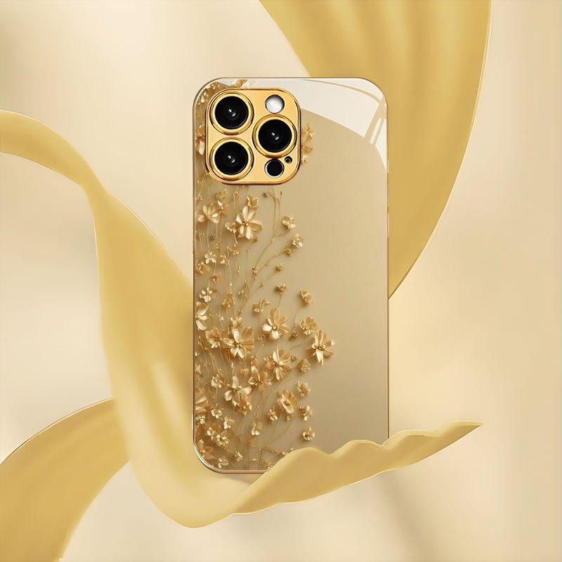 Newly designed gold branch flower pattern electroplated glass phone case, suitable for iPhone 17/16/15/14/13/12/11, etc.