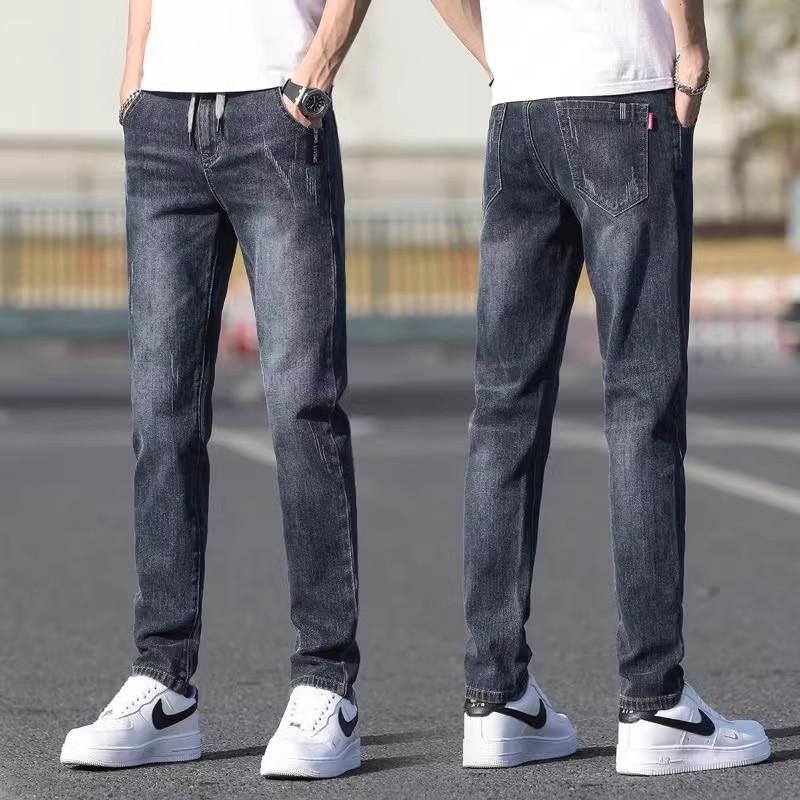 Men's Slim Straight Jeans Elastic Waist Drawstring Trendy Skinny Pants Stretchy Fashionable Durable Long Pants