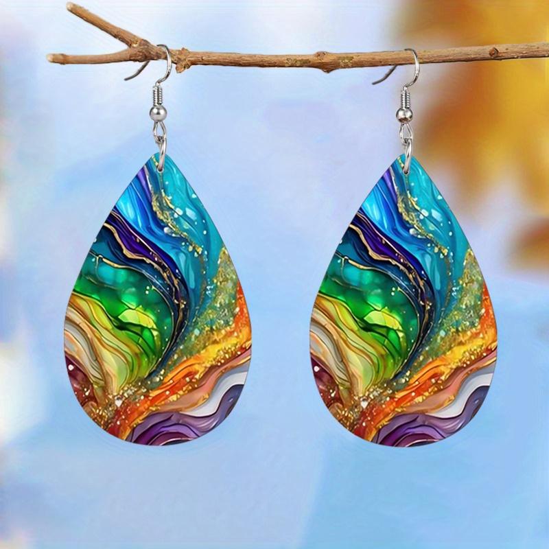 Colorful Pleated Marble Pattern PU Leather Earrings for Women Gorgeous Fashionable Earrings Double Sided Teardrop Earrings