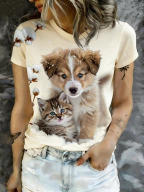 Women s T-shirt Kitten Puppy Print Winter Snow Pattern Soft Fabric Cozy Casual S