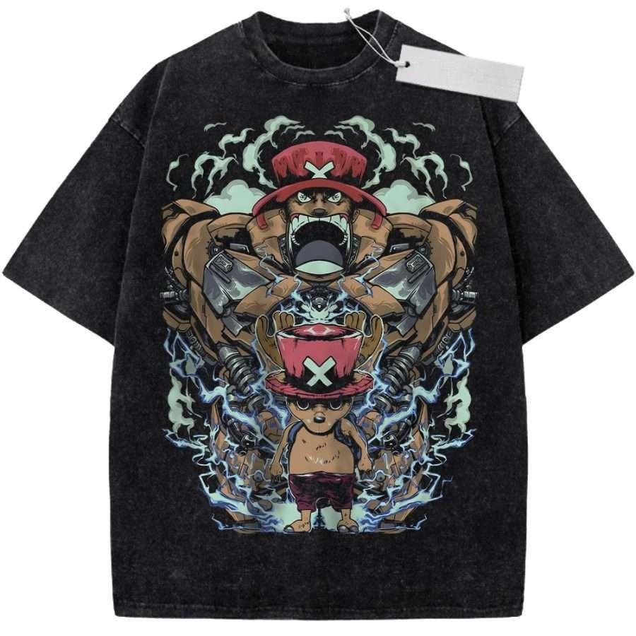 Unisex Black Washed Vintage T Shirt One Piece Enel Thunder God Skypiea High Quality Fabric for Fitness Casual Shopping