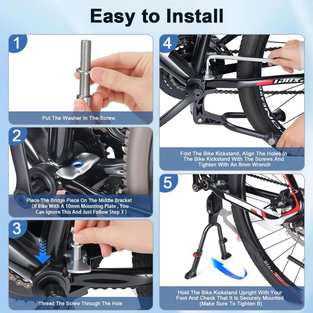 YBLNTEK Bike Kickstand, Adjustable Height Bicycle Double Legs Kick Stands For 24/26/27.5/29 Inch Adult Bikes, Center Mount Bicycle Kickstand For
