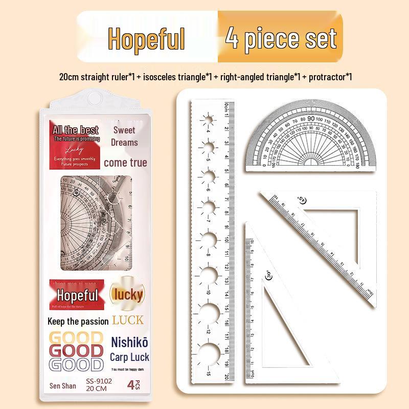Four-Piece Student Geometry Set: Includes Transparent Set Square, Triangle Ruler (15cm, 20cm), Straight Ruler - Ideal for Exams.