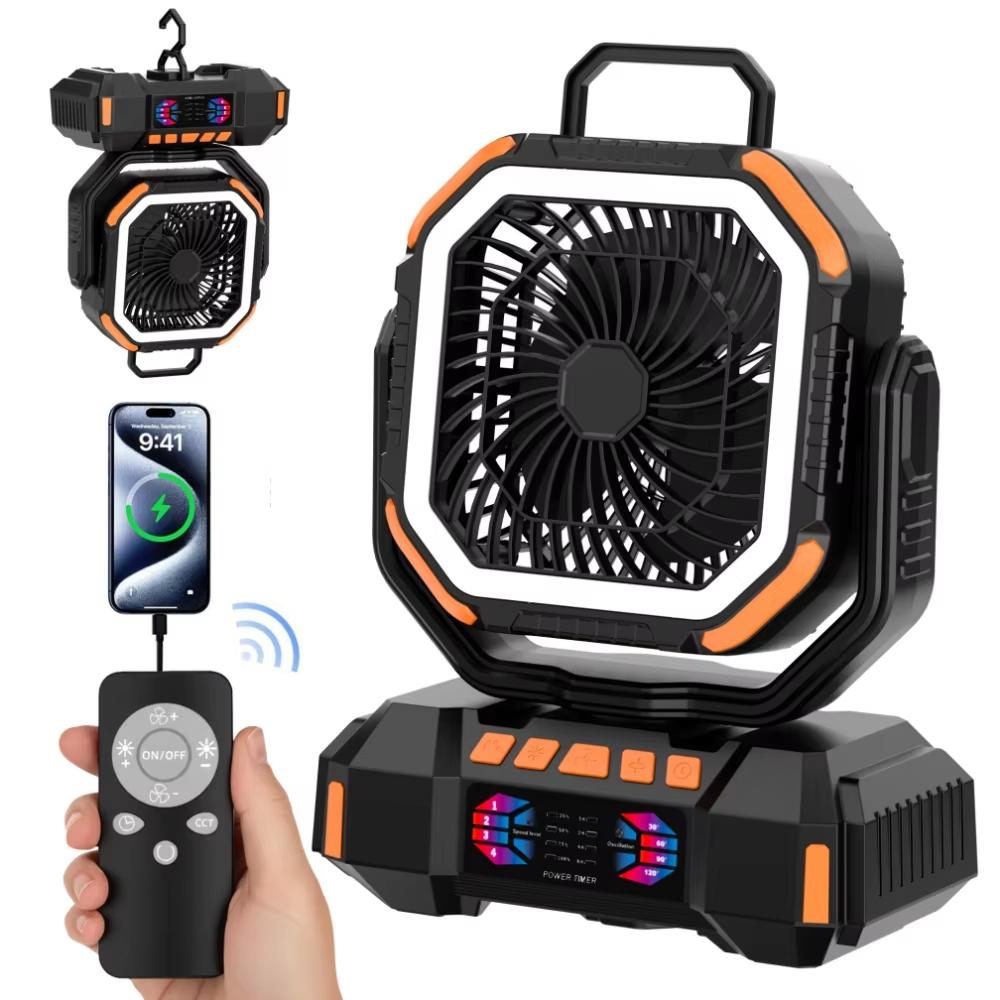 Ventilatore a Batteria da 40000mAh Portatile Ricaricabile da Scrivania/Campeggio con Luce LED e Gancio Ventilatore da Esterno per Tenda Viaggio in Auto