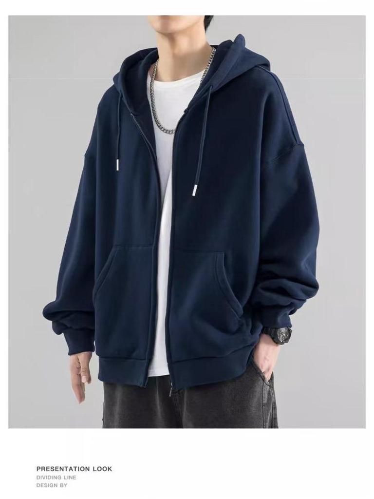 Men's Solid Color Fleece-Lined Zip-Up Hoodie, Spring & Autumn, Loose Fit, Versatile Hong Kong Style