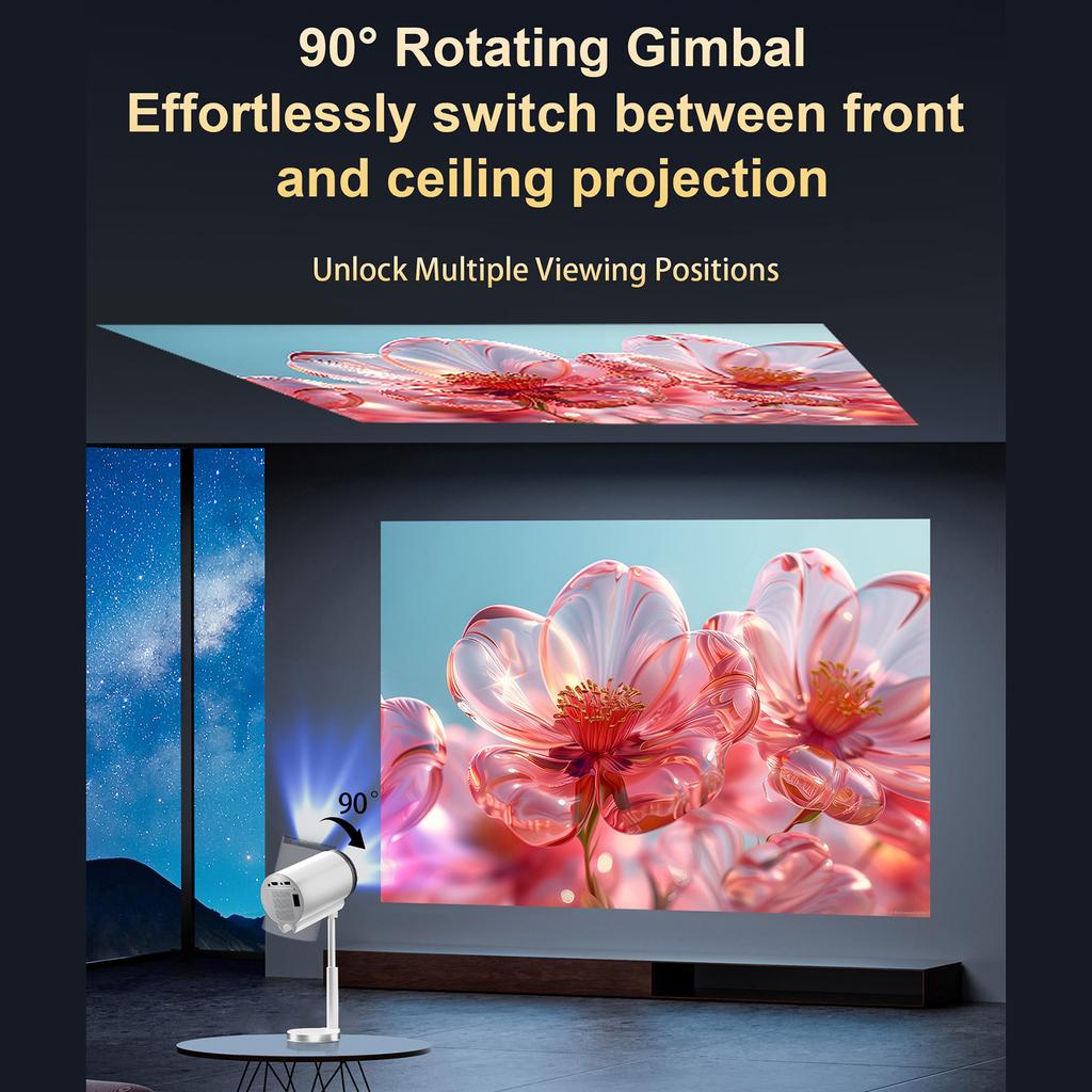 Mini Projector WiFi BT5.0 Android 13 System 180 degrees  Rotatable Movie Projector with 720P 100in Display