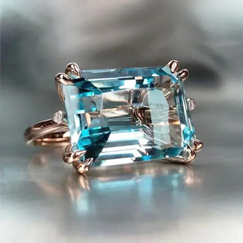 Bridal Wedding Love Water Drop Shining Design French Romantic Horse Eye Blue Zircon Ring Trendy Elegant Jewelry