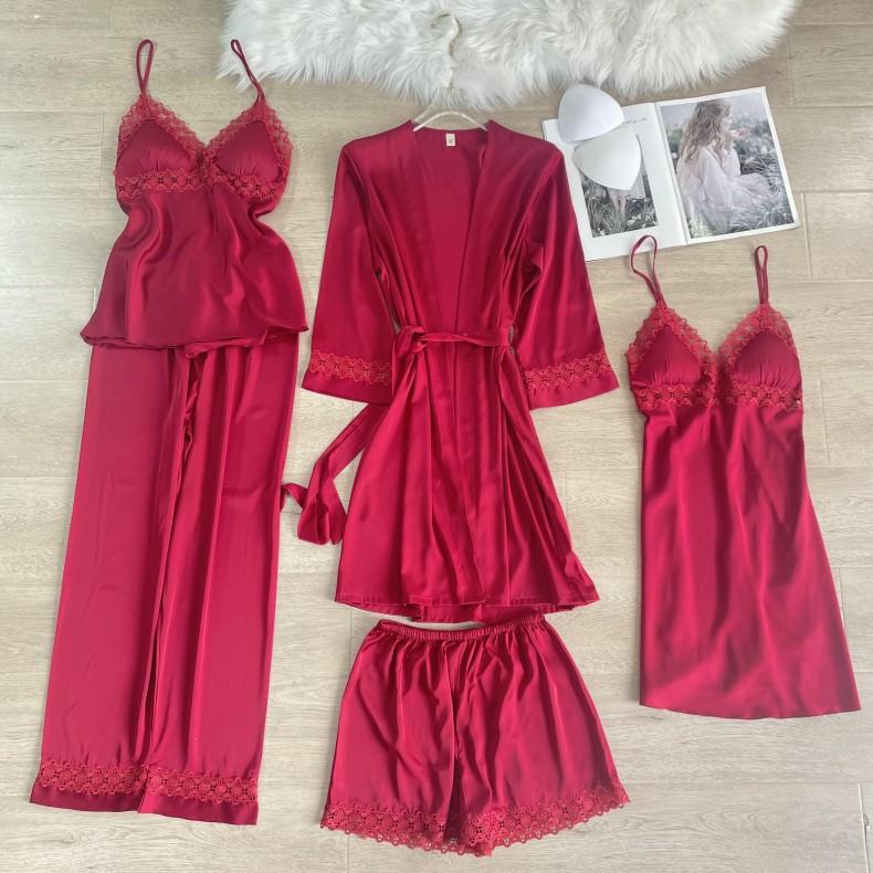

Пижамный комплект из 5 предметов, пижамы весна и осень, новый стиль, женская пижама, домашняя одежда с длинным рукавом, кружевное атласное нижнее белье для дома XL