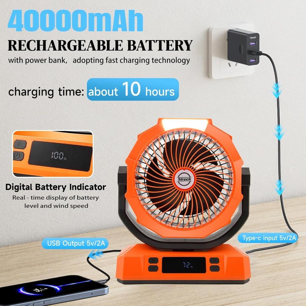 US Shipping Rechargeable Portable Camping Fan 12 Inch 40000mAh Battery Powered Fan with LED Light Digital Display Timer 6