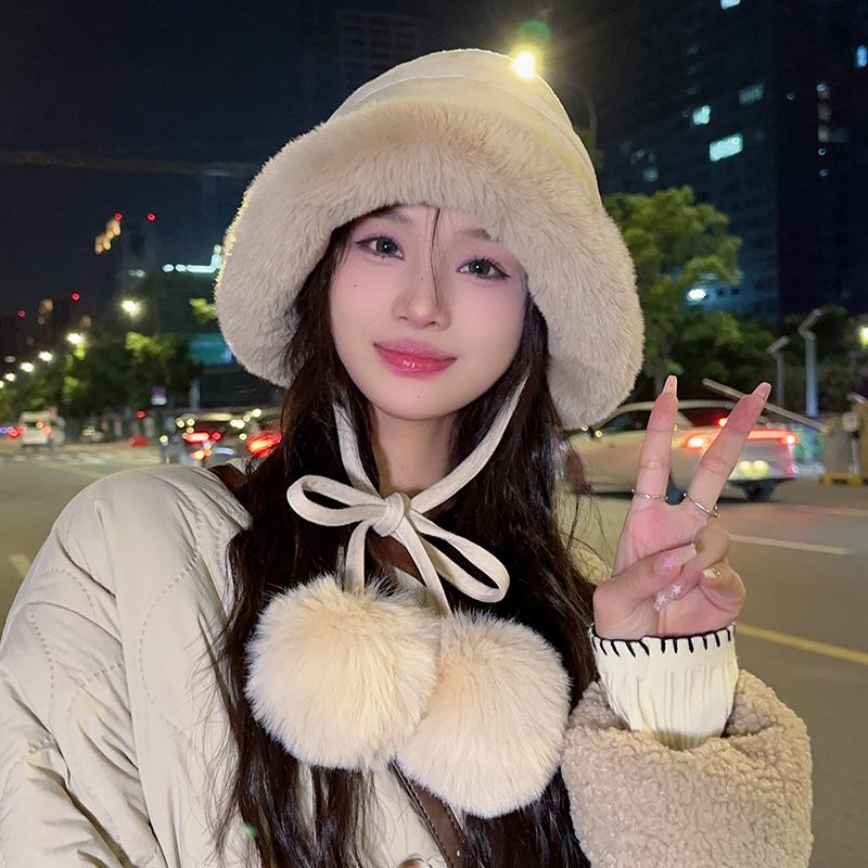Cute Fur Ball Suede Fisherman Hat for Women In Autumn and Winter Thickened Velvet Warmth and Cold Protection Ear Protection Hat Plush Pot Hat