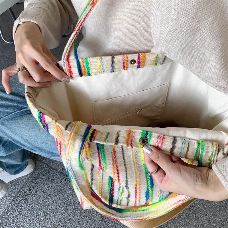 Little White Rabbit, Korean Rainbow Stripe Canvas Bag Heavy Industry Three-dimensional Embroidery Underarm Bag Large Capacity Handbag