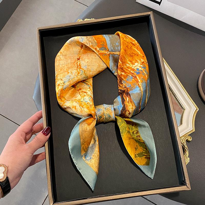 Luxury Design Silk Skinny Scarf Bag Handle Ribbon Ladies Little Cat Print Headband Small Hair Scarves Band Female Handkerchief