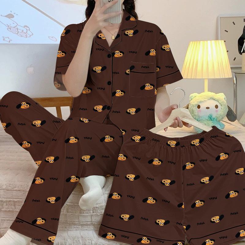 Chien au Café Printemps Été Manches Courtes Pyjama Imprimé Femme Mode Maillard Tenue d'Intérieur Ensemble Trois Pièces