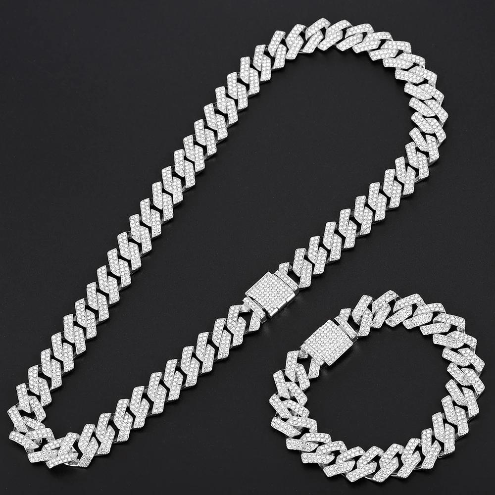 16mm Hip Hop Miami Cuban Link Chain Set Necklace +Bracelet Creative Iced Out Shiny Trendy Stylish Jewelry For Women Men set