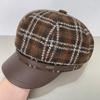Wool Plaid Octagonal Hat for Women in Autumn and Winter PU Leather Versatile Retro Beret Temperament Fashionable Literary Painter Hat