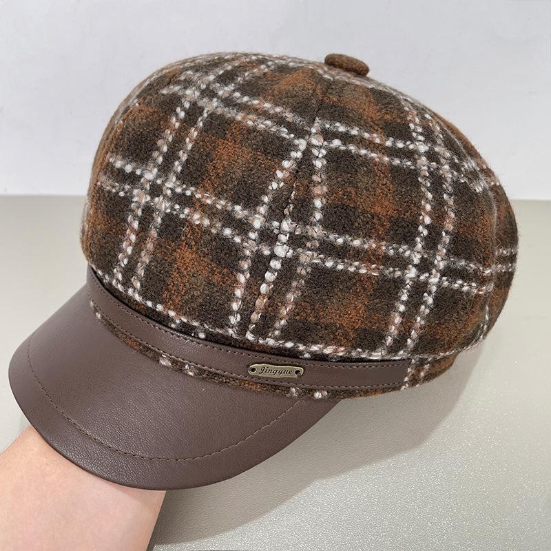 Wool Plaid Octagonal Hat for Women in Autumn and Winter PU Leather Versatile Retro Beret Temperament Fashionable Literary Painter Hat