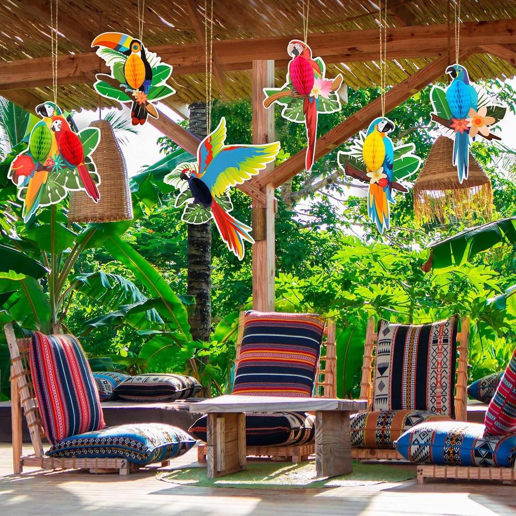 6 Pcs Tropical Birds Honeycombs, Parrot Honeycomb Decorations, Parrot Paper Cutouts Hanging Decorations for Summer, Jungle, Rainforest Party Supplies