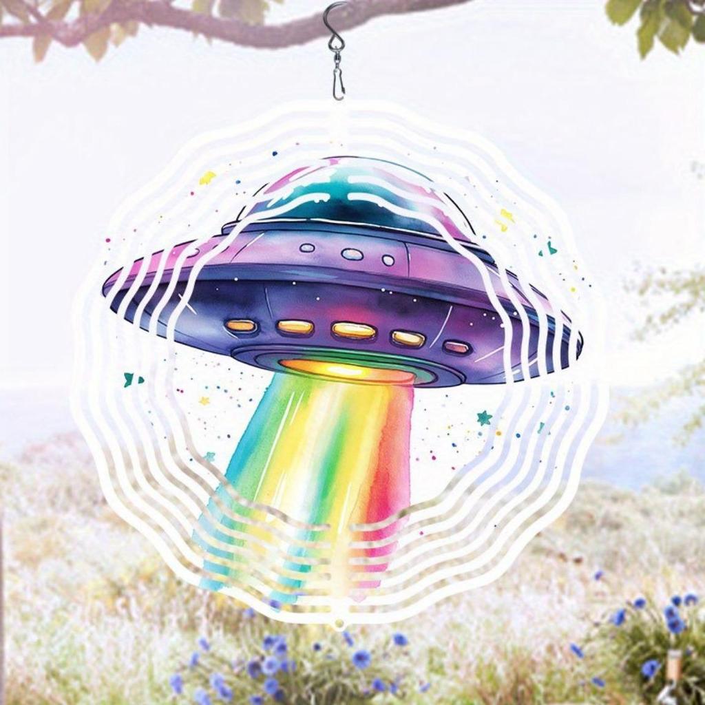 3D Kinetic Wind Spinner Alien UFO Design Metal Hanging Ornament for Outdoor Garden Yard Halloween Christmas Housewarming Decor