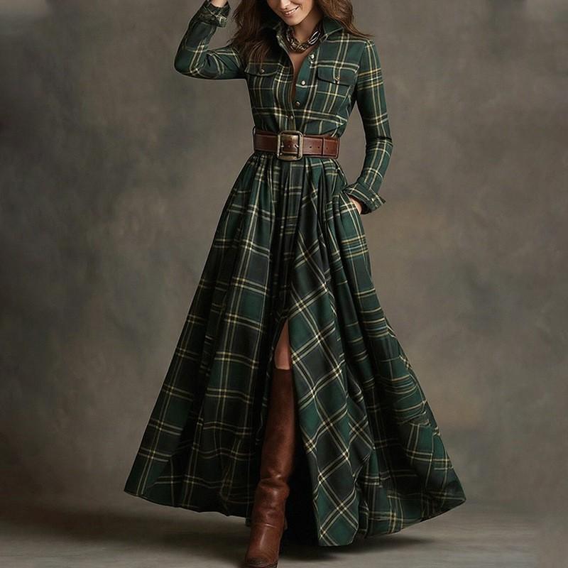 2026 Womens French Chic Midi To Maxi Dress High-Waisted A-Line With Asymmetrical Hem Striped Or Plaid Print Long Sleeve