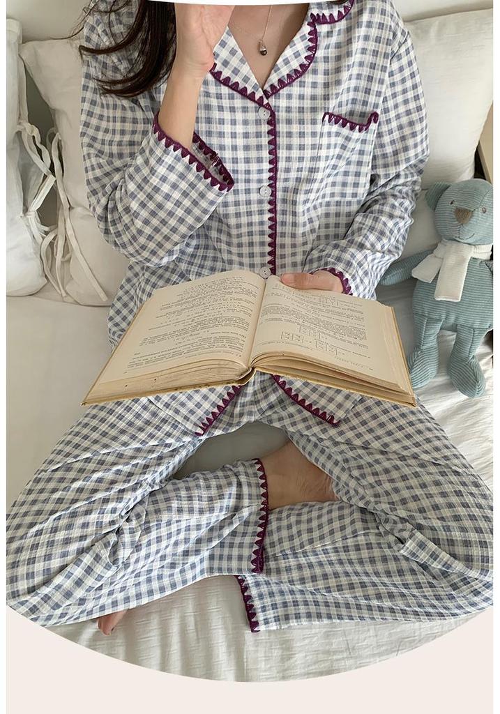 Women's Spring Plaid Cardigan Pajama Set - Shell Collar, Waffle Knit, Faux Cotton, Long Sleeve Casual Homewear