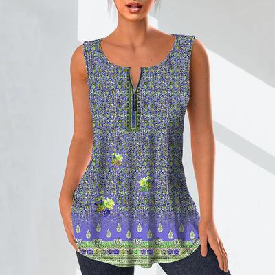 Women's Fashion V Neck Shirts Casual Tops T-shirt Ladies 3D Retro Pattern Print Vest Plus Size Sleeveless Blouse Tank Tops